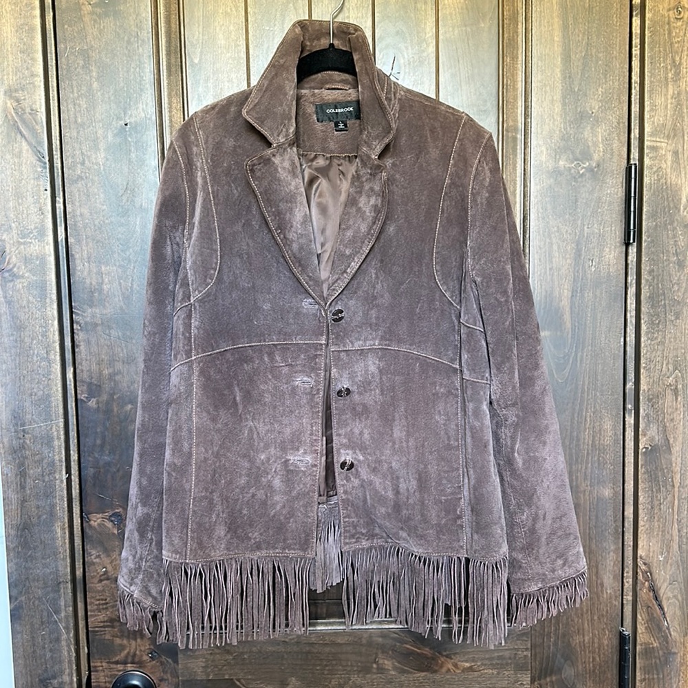Colebrook Brown Suede Button Front Fringe Leather Jacket